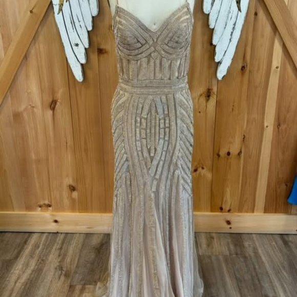 Long tan dress with gold stripes filled with gold outlined diamonds - Picture 1 of 4